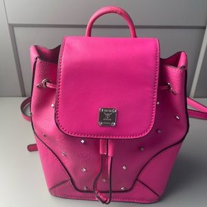 MCM Backpack Bag Studs Visetos PVC Leather Pink Silver Metal